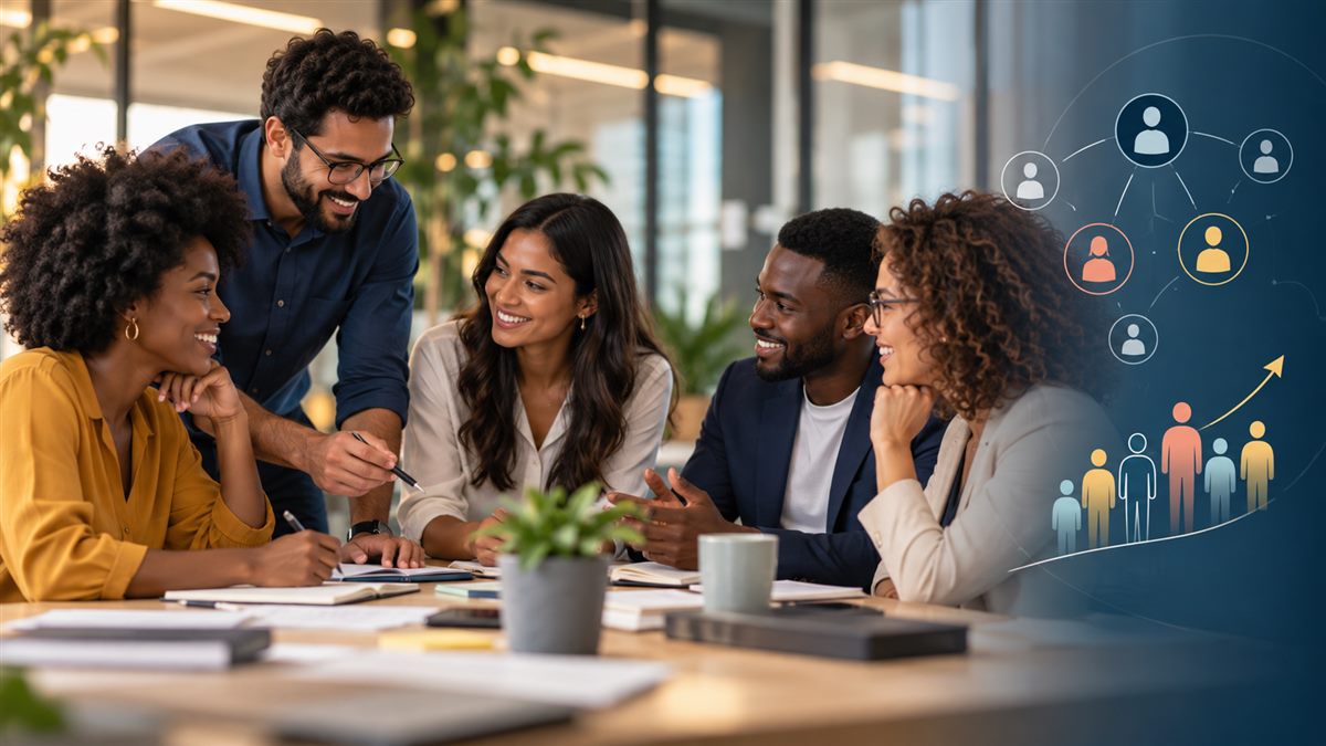 Equipe diversa conversando em uma mesa de reunião