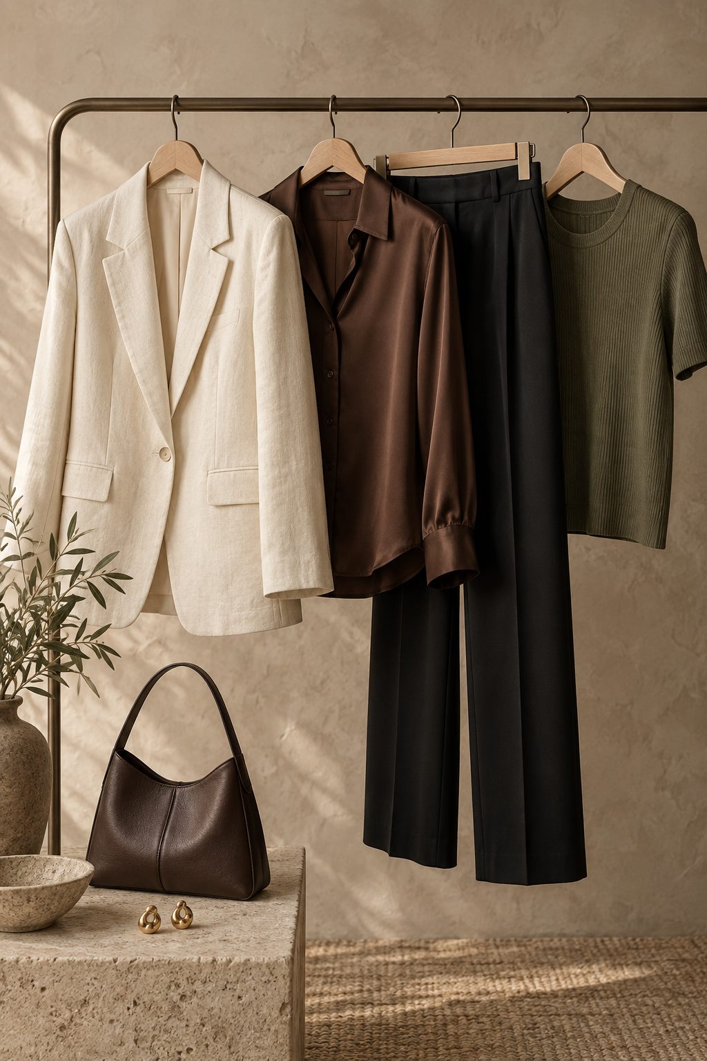 Seleção de roupas femininas em tons neutros