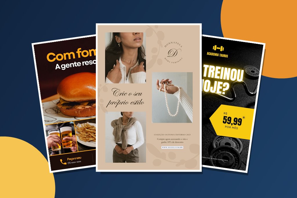 Três banners criados pela Zetha: lanchonete, moda feminina e academia
